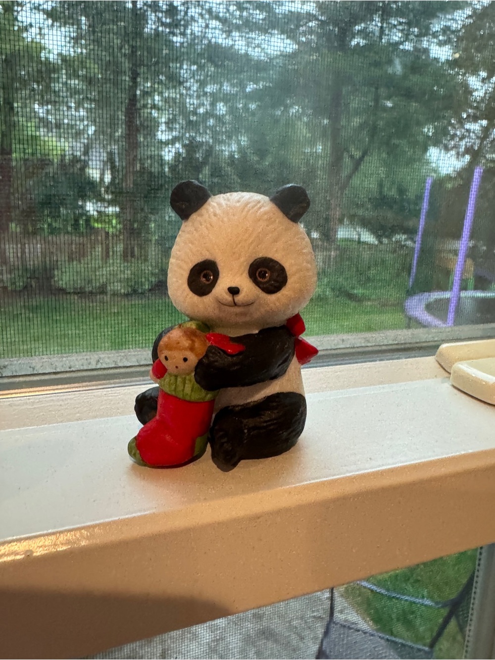 Vintage Enesco Panda Figurine Holding Christmas Stocking 1980s 1981